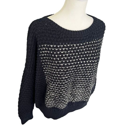 Planet by Lauren G Chunky Knit Popcorn Metallic Sweater Navy Blue & Silver Mediu - Picture 3 of 7